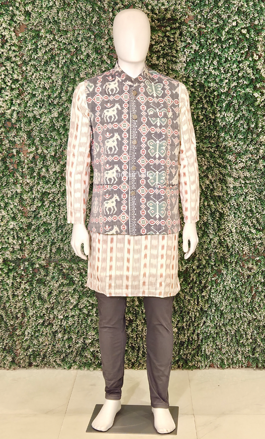 Grey Animal Theme Odisha Ikat Half Bandi Jacket for Men