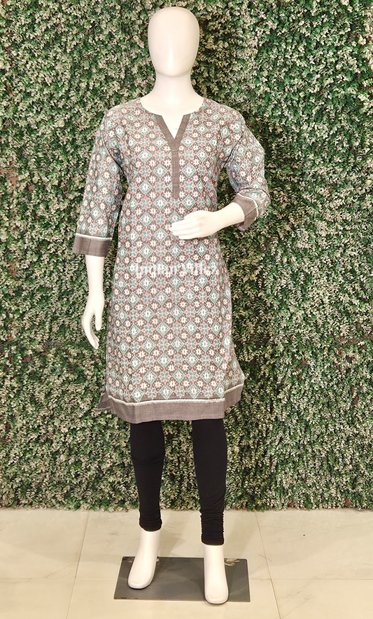 Grey Sea Green Floral Motif Odisha Ikat Designer Cotton Kurti for Women