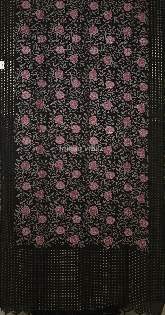 Black Tussar Silk Saree with Pink Floral Embroidery Work