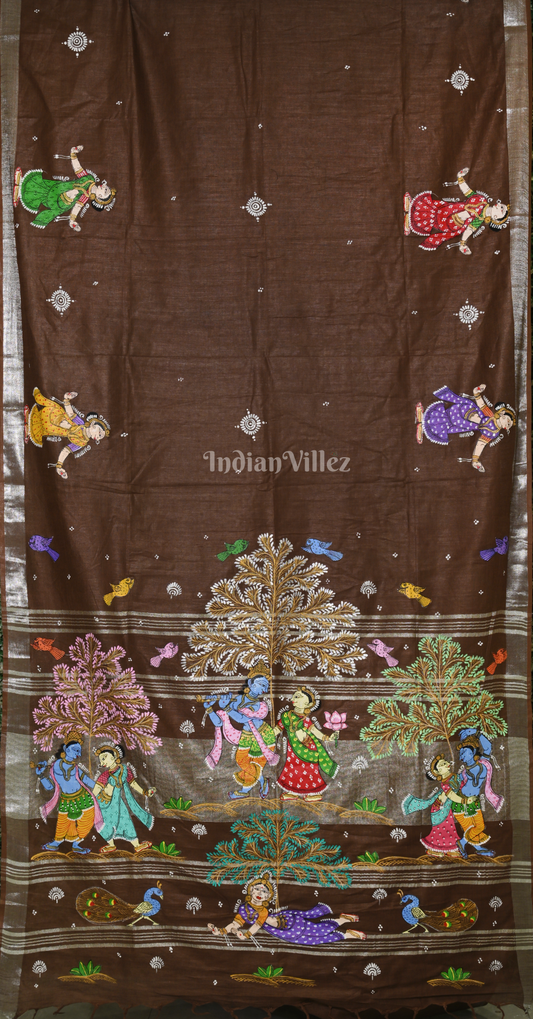 Brown Krishna Raas Leela Hand-Painted Pattachitra Saree (Linen)