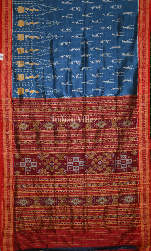Cyan Blue Red Doll Tribal Motif Odisha Ikat Khandua Silk Sare
