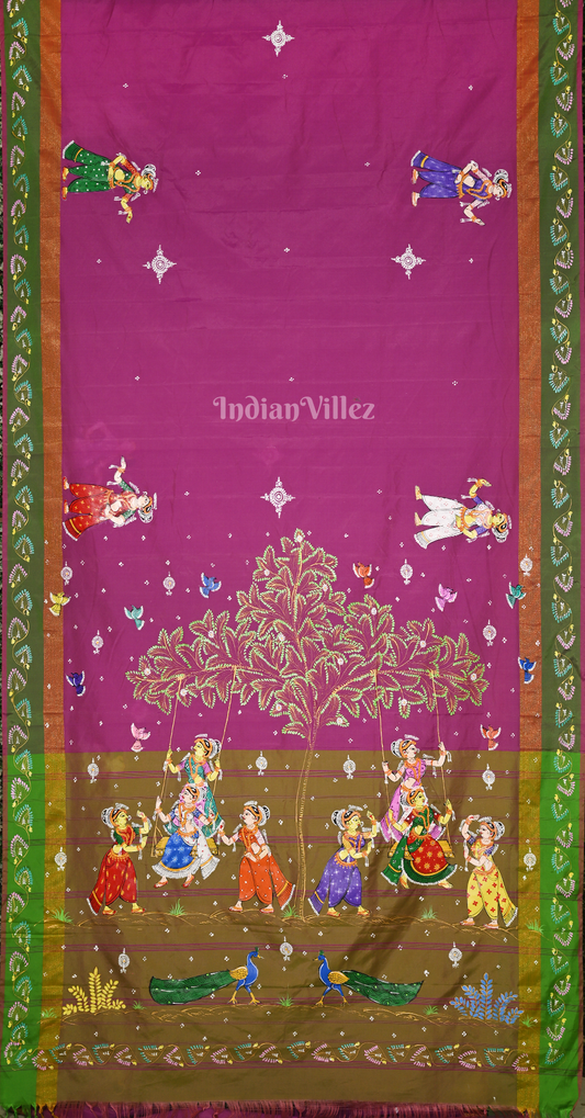Rani Pink Moss Green Raja Doli Theme Hand-Painted Pattachitra Saree
