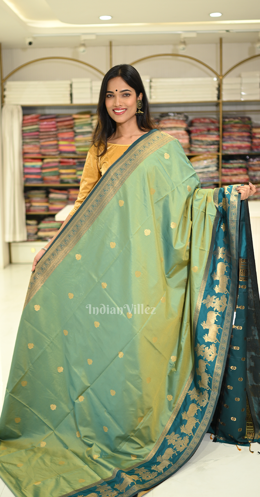 Sea Green Blue Pichwai Satin Silk Banarasi Saree