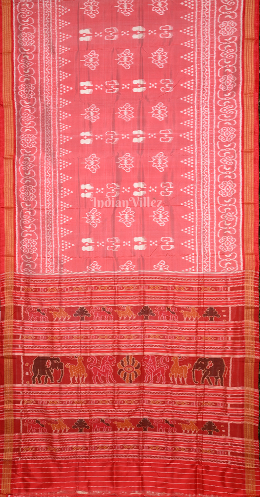 Peach Pink Red Laxmi Feet Odisha Ikat Khandua Silk Saree