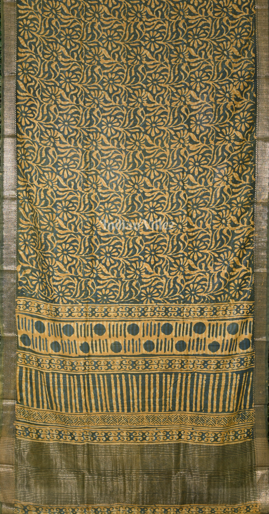 Green Block Printed Dabu Cotton Saree