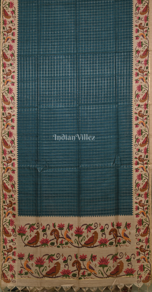 Peacock Blue Beige Check Pattern Tusasr Silk Saree