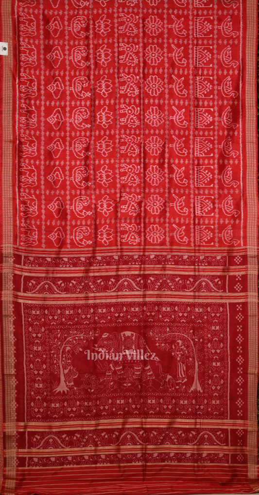 Red Nabakothi Odisha Ikat Sambalpuri Silk Saree with Elephant Motif Anchal