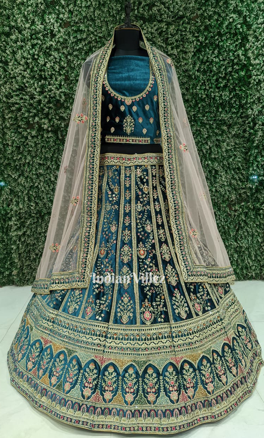 Peacock Blue Designer Bridal Velvet Lehenga Choli With Dupatta