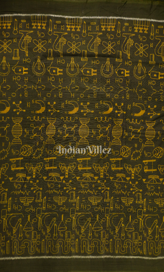 Bottle Green Yellow Chemical Formula Odisha Ikat Sambalpuri Cotton Fabric