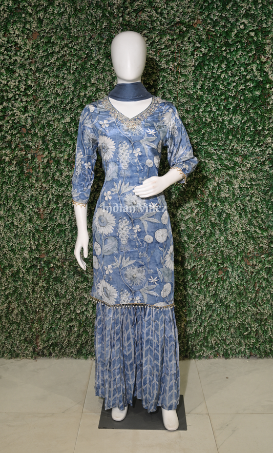 Blue Floral Print Kurta with Sharara Set & Dupatta