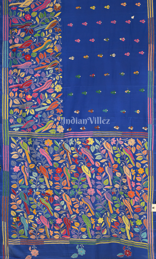Royal Blue Flower Motif Handwoven Kantha Stitch Silk Saree