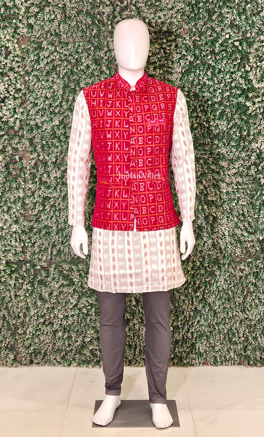 Red Alphabet Theme Odisha Ikat Half Bandi Jacket for Men