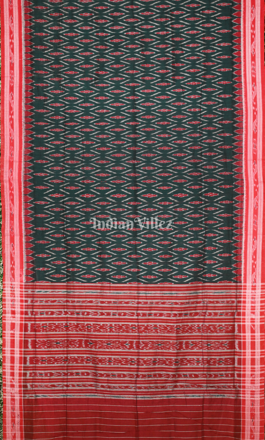 Bottle Green Red Damru Pasapali Odisha Ikat Maniabandha Cotton Saree
