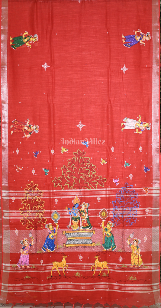 Red Radha Krishna Theme Hand-Painted Pattachitra Saree (Linen)