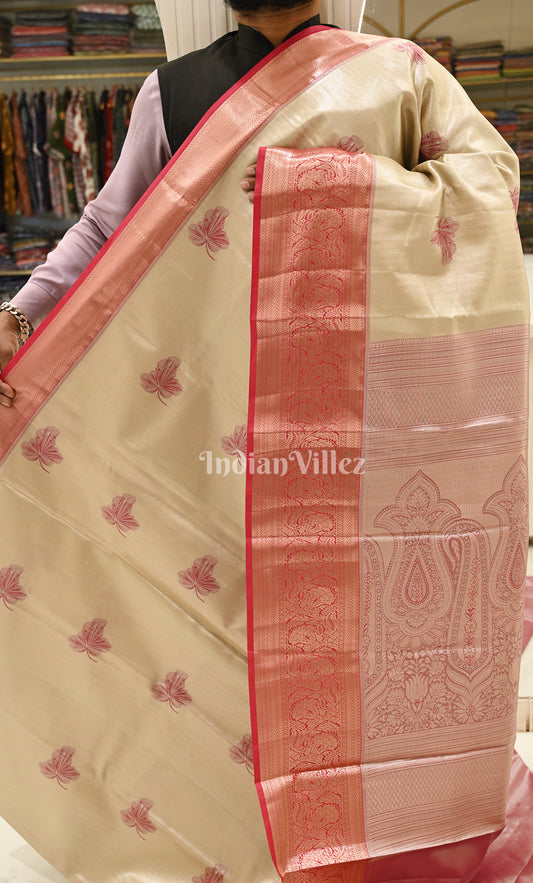 Cream Red Zari Woven Pure Kanjivaram Tissue Silk Saree