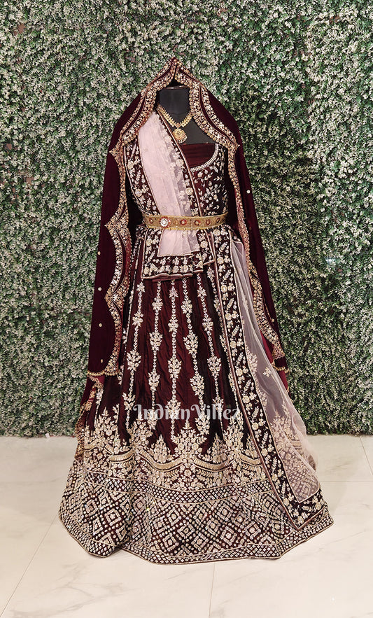Stunning Designer Maroon Velvet Lehenga Choli With Dupatta