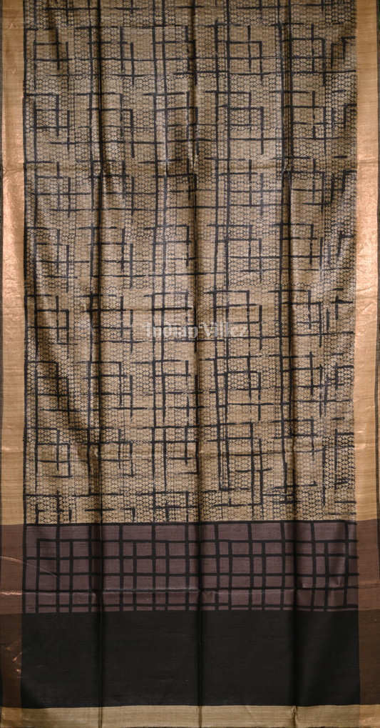 Grey Black Tussar Silk Saree