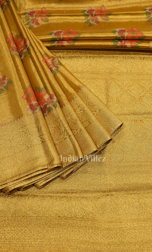 Yellow Floral Brocade Pure Kanjivaram Tissue Silk Saree