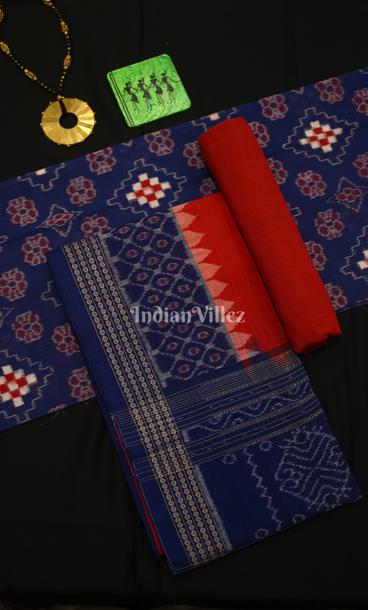 Blue Red Paspali Odisha Ikat Sambalpuri Dress Set & Dupatta