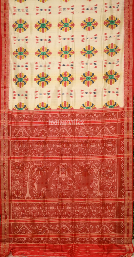 Off White Red Baghambari Odisha Ikat Khandua Silk Saree