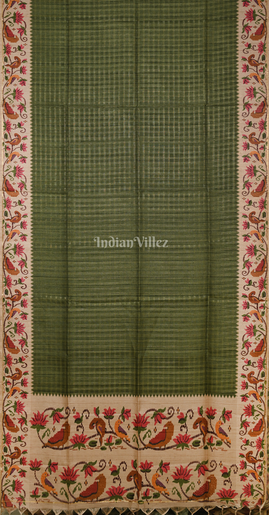 Green Beige Check Pattern Tussar Silk Saree