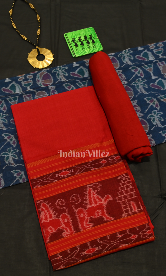 Navy Blue Red Odisha Ikat Sambalpuri Dress Set & Dupatta