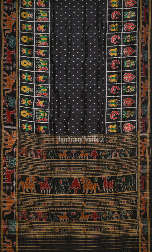 Black  Dot Half Nabakothi Border Odisha Ikat Khandua Silk Saree