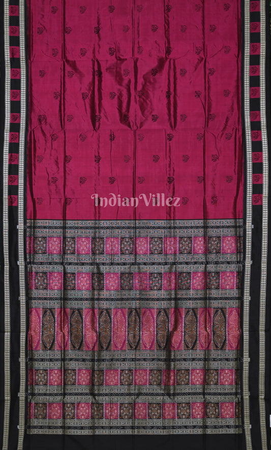 Magenta Pink Black Elephant Motif Odisha Ikat Sambalpuri Silk Saree