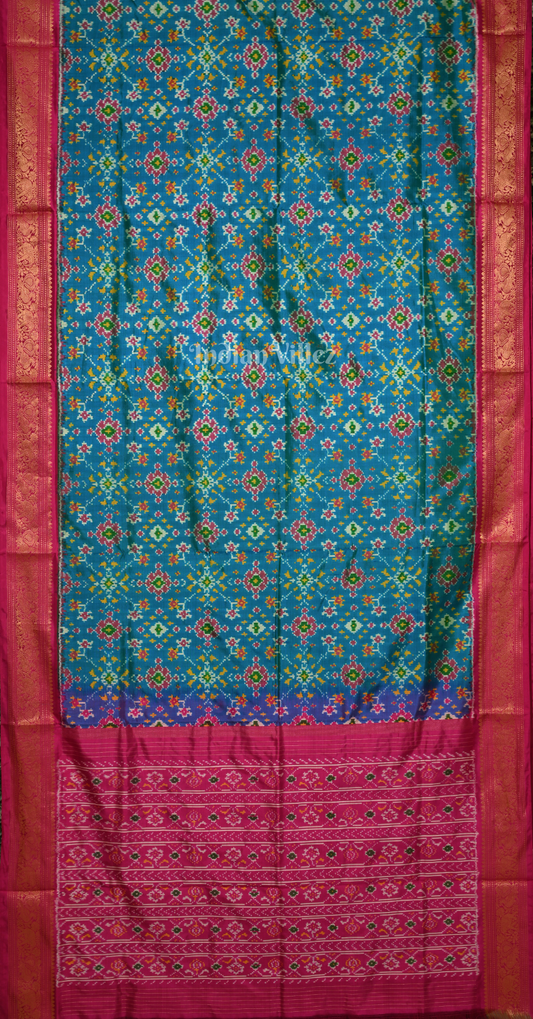 Turquoise Blue Pink Pochampally Ikat Silk Saree