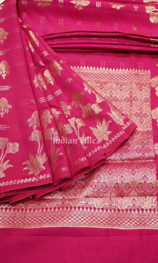 Exclusive Rani Pink Floral Motif Pure Katan Banarasi Silk Saree
