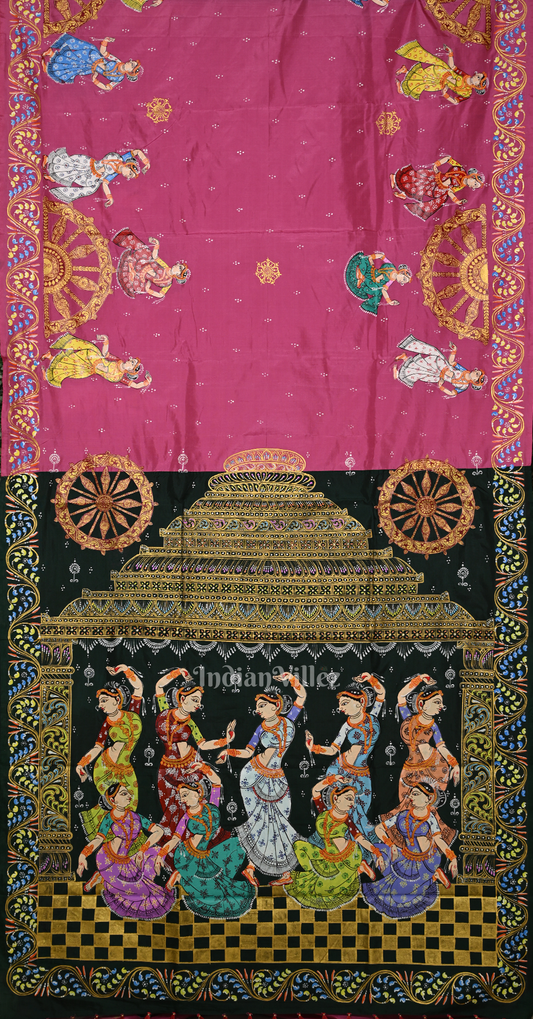 Rani Pink Bottle Green Nartaki Konark Temple Hand-Painted Pattachitra Saree