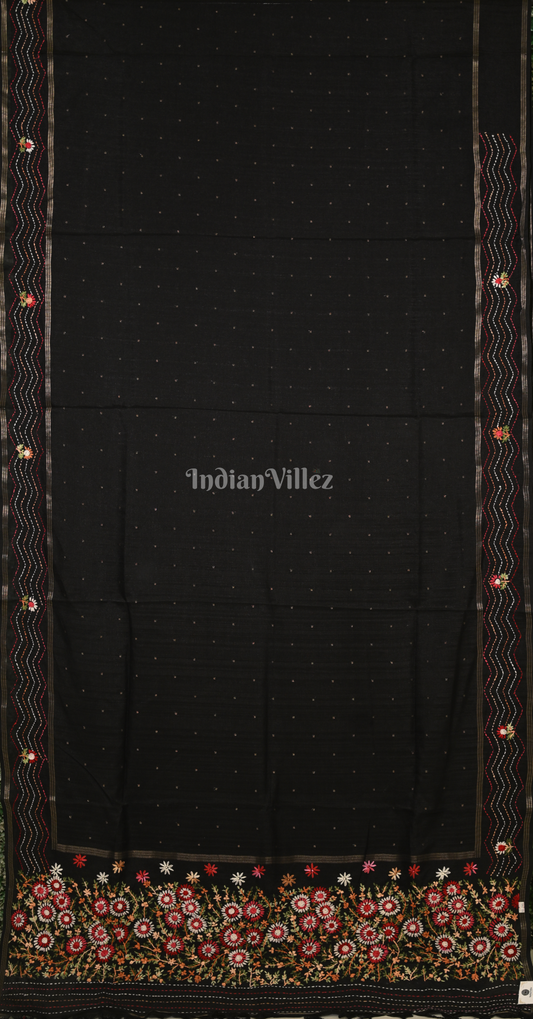 Black Tussar Silk Saree with Floral Embroidery Work