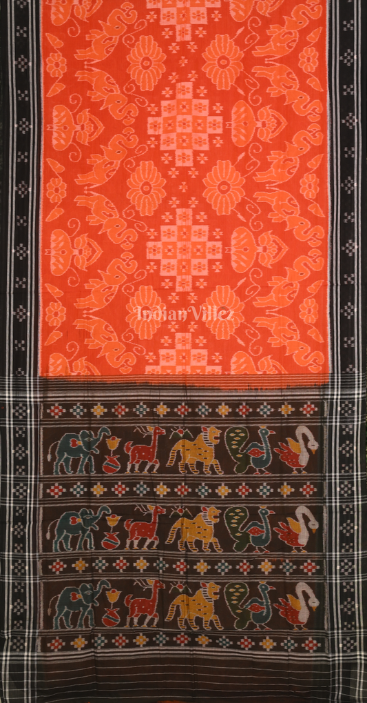 Orange Black Odisha Ikat Sambalpuri Pure Cotton Saree with Jungle Anchal