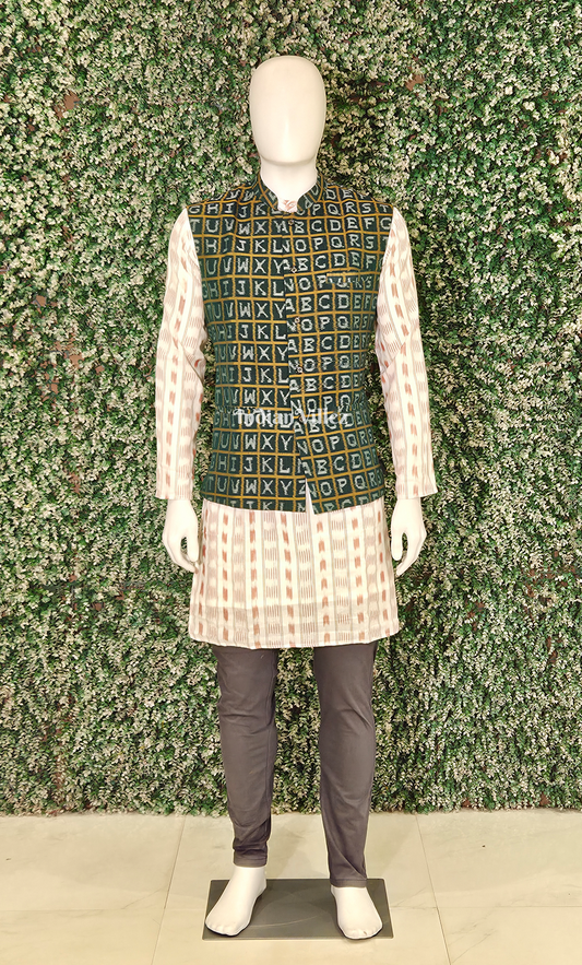 Green English Alphabet Theme Odisha Ikat Half Bandi Jacket for Men