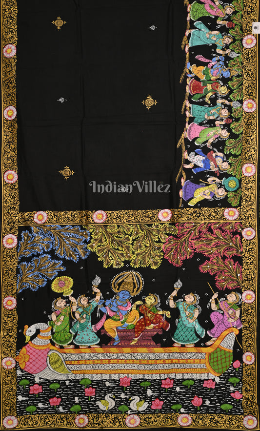 Black Radha Krishna Boita Bandana Hand-Painted Pattachitra Saree