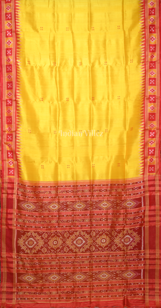 Yellow Maroon Buti Design Pasapali Border Odisha Ikat Khandua Silk Saree