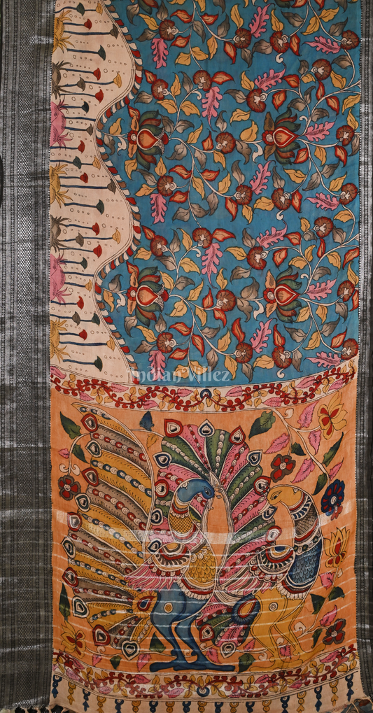 Blue Yellow Hand-Painted Natural Dye Cotton Kalamkari Saree with Peacock Anchal