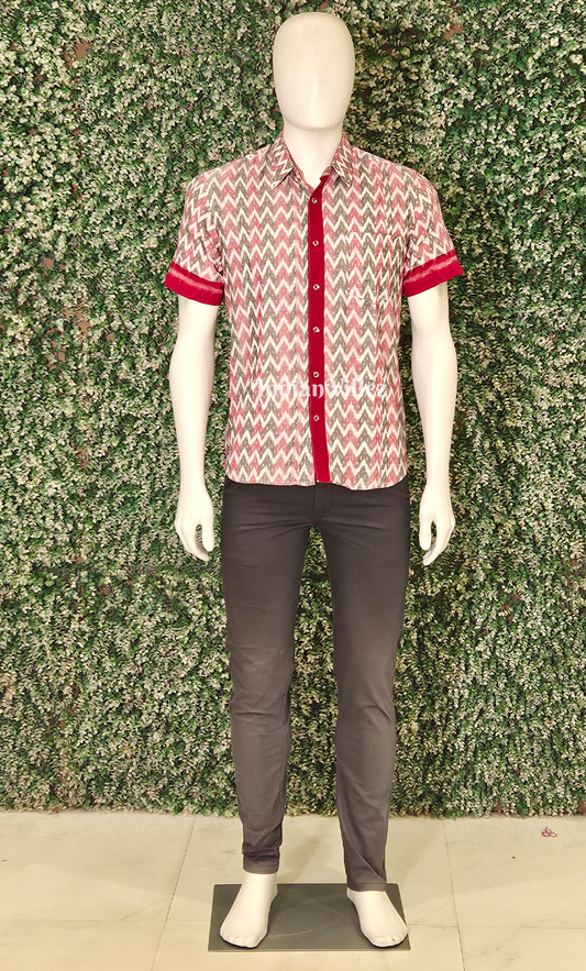 Grey Red Zigzag Motif Odisha Ikat Cotton Half Sleeve Shirt for Men