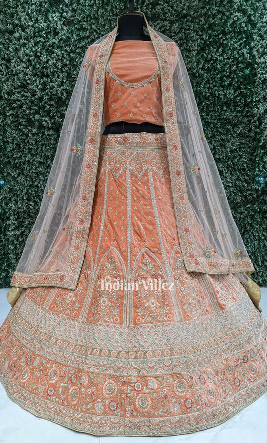 Exclusive Designer Peach Pink Bridal Lehenga Choli With Dupatta