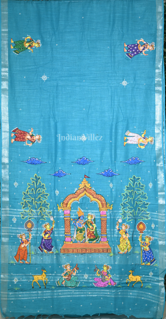 || राधाकृष्ण ||Sky Blue Radha Krishna Hand-Painted Pattachitra Saree