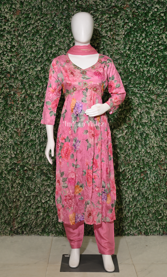 Baby Pink Floral Embroidered Alia Cut Kurta Plazzoo with Dupatta set