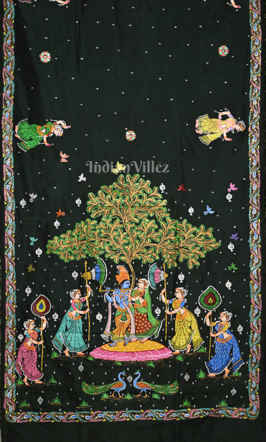 Bottle Green Krishna Raas Hand-Painted Pattachitra Saree