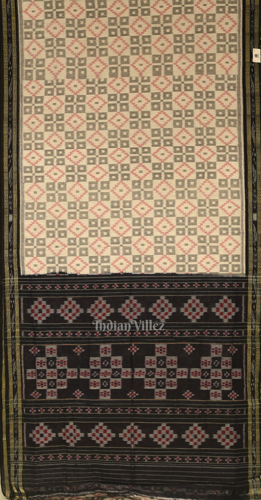 Off white Black pasapali Odisha Handloom Sambalpuri Ikat Cotton Saree