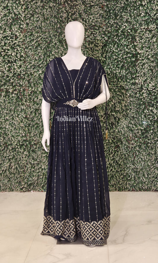 Navy Blue Embroidery Georgette Poncho Style Long Gown