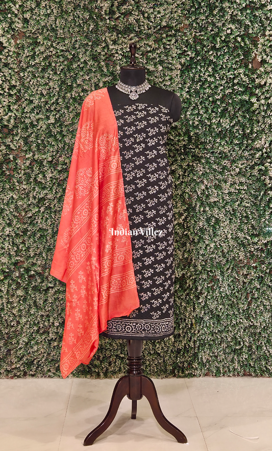 Black Orange Block Printed Chanderi Silk Suit Sets