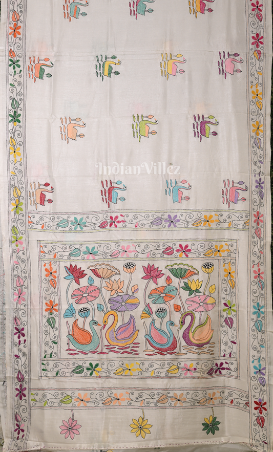 White with MultiColur Handwoven Kantha Stitch Silk Saree