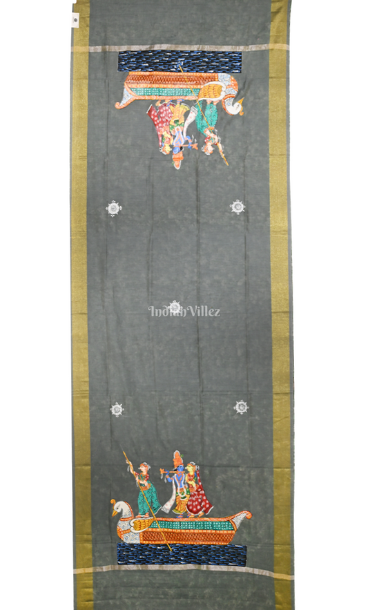 Grey Nauka Paar Hand-Painted Pattachitra Chanderi Dupatta