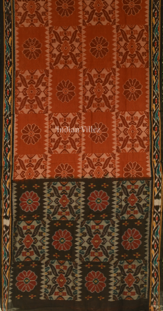 Brick Red Black Computer Theme Odisha Ikat Maniabandha Cotton Saree