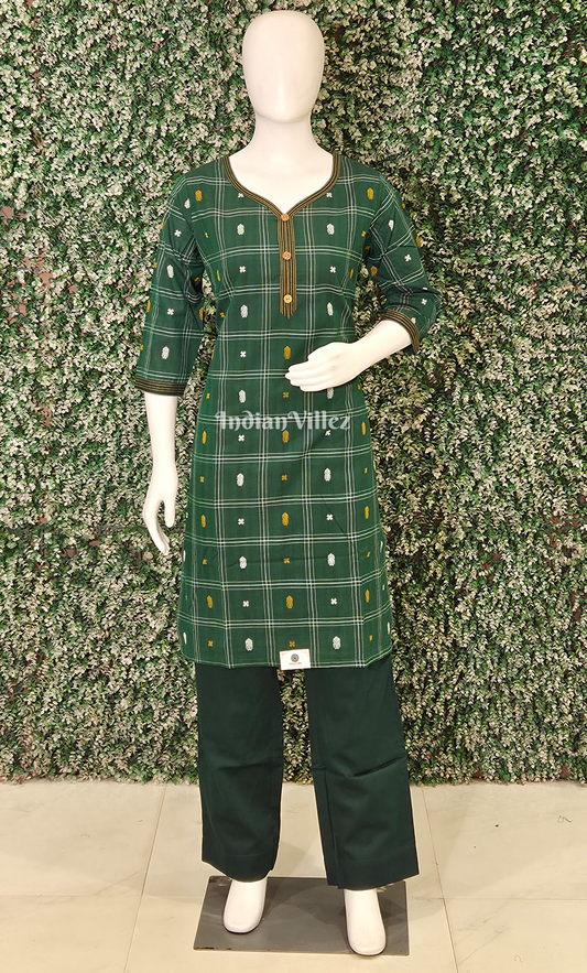 Green Yellow Fish Motif Odisha Ikat Designer Cotton Kurti Set with Pallazo