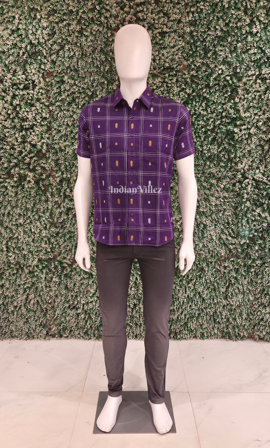 Purple Fish Motif Odisha Ikat Cotton Half Sleeve Shirt for Men